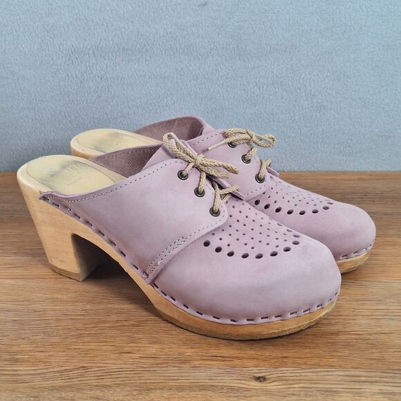 Sven Shoes - Sven Women's US 9.5-10 EU 40 Lace-Up Clogs Tan Pink Circle Punch Leather Sweden